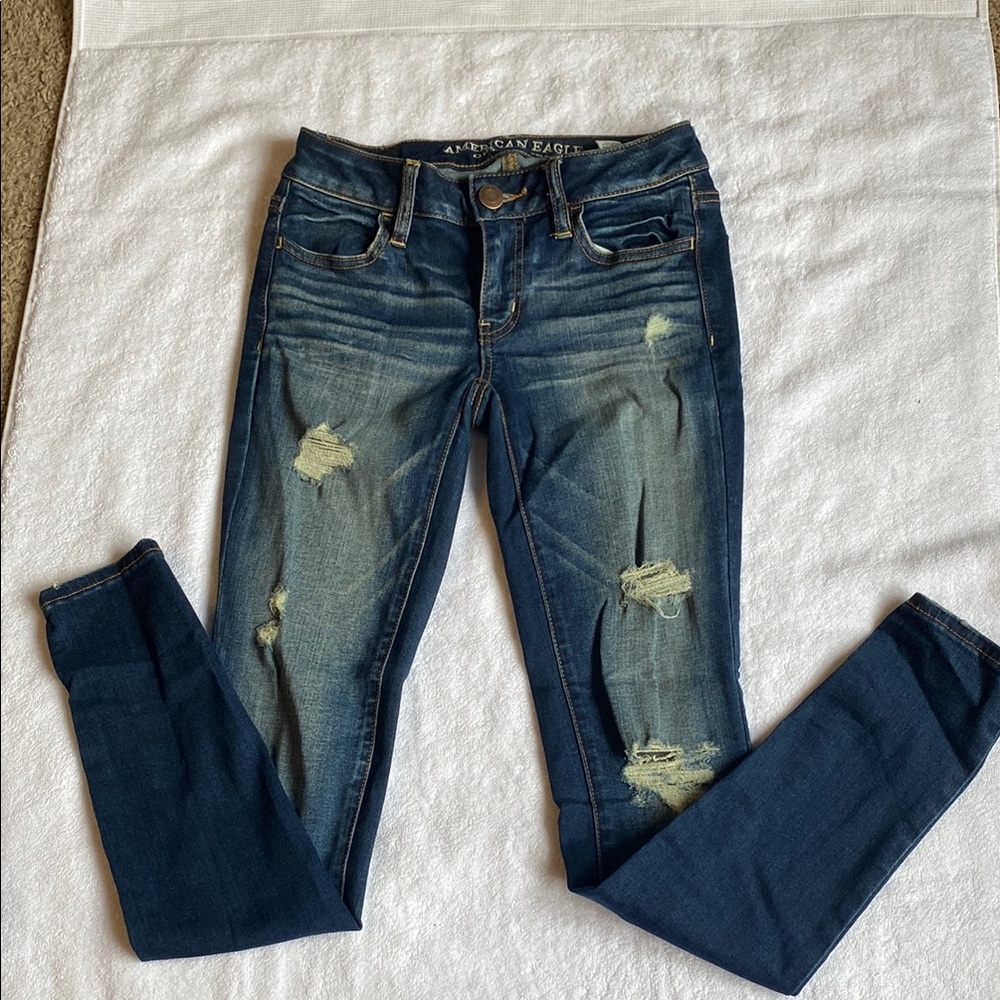 American Eagle Outfitters Blue Skinny Jeans with Distressed Details